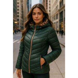 Big Chill Quilted Down Coat Dark Green Leopard Faux Fur Hood Streetwear City Y2K